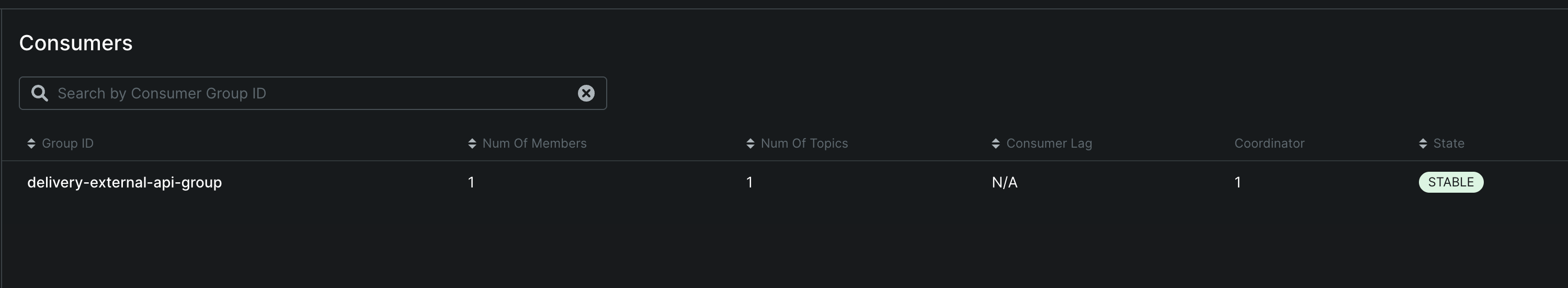 Kafka UI Consumers 목록, delivery-external-api-group STABLE 상태 확인