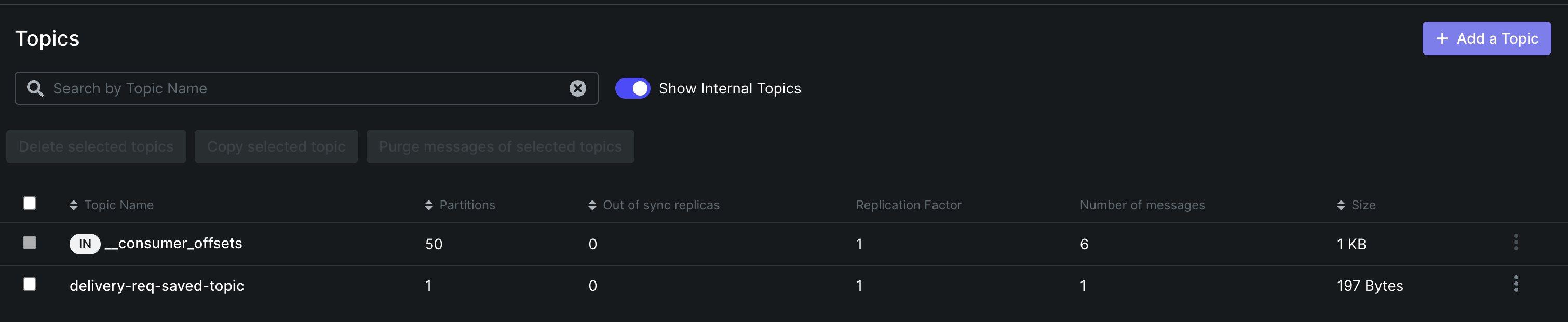 Kafka UI Topics 목록, delivery-req-saved-topic 확인